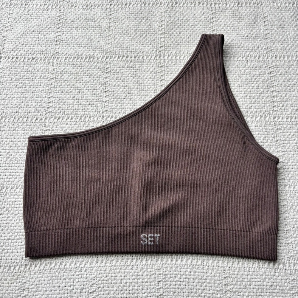 Women's Medium SET Active SculptFlex Brown Taupe Ribbed One Shoulder Bra